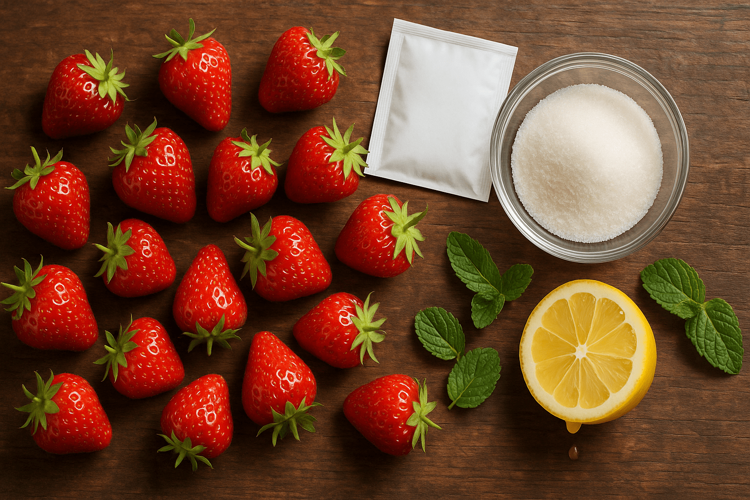 A bright, high-resolution overhead shot of a rustic wooden table scattered with fresh, medium-sized ripe strawberries