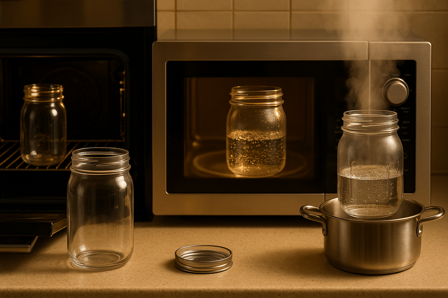A realistic kitchen scene showing three clean glass mason jars lined up on a countertop