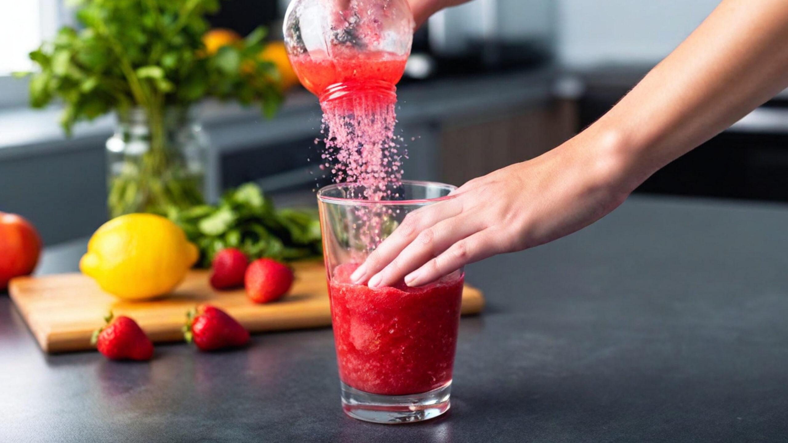 Close-up action shot of hands sprinkling a pinch of pectin (mixed with sugar) into bubbling strawberry mixture