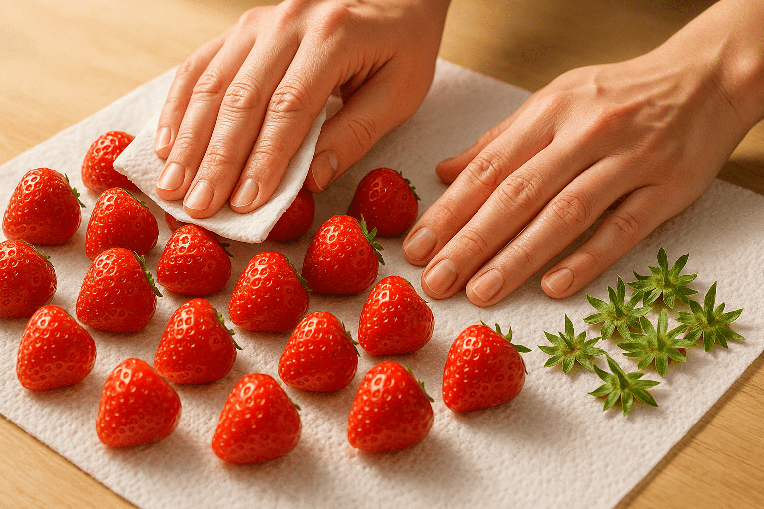 Close-up photo-realistic shot of hands gently patting washed strawberries dry on paper towels, a small pile of green stems removed to the side—bright daylight