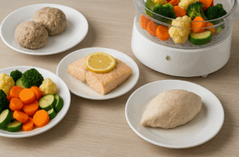 Диетические блюда в пароварке с овощами, рыбой и мясом, приготовленные на пару для здорового питания
