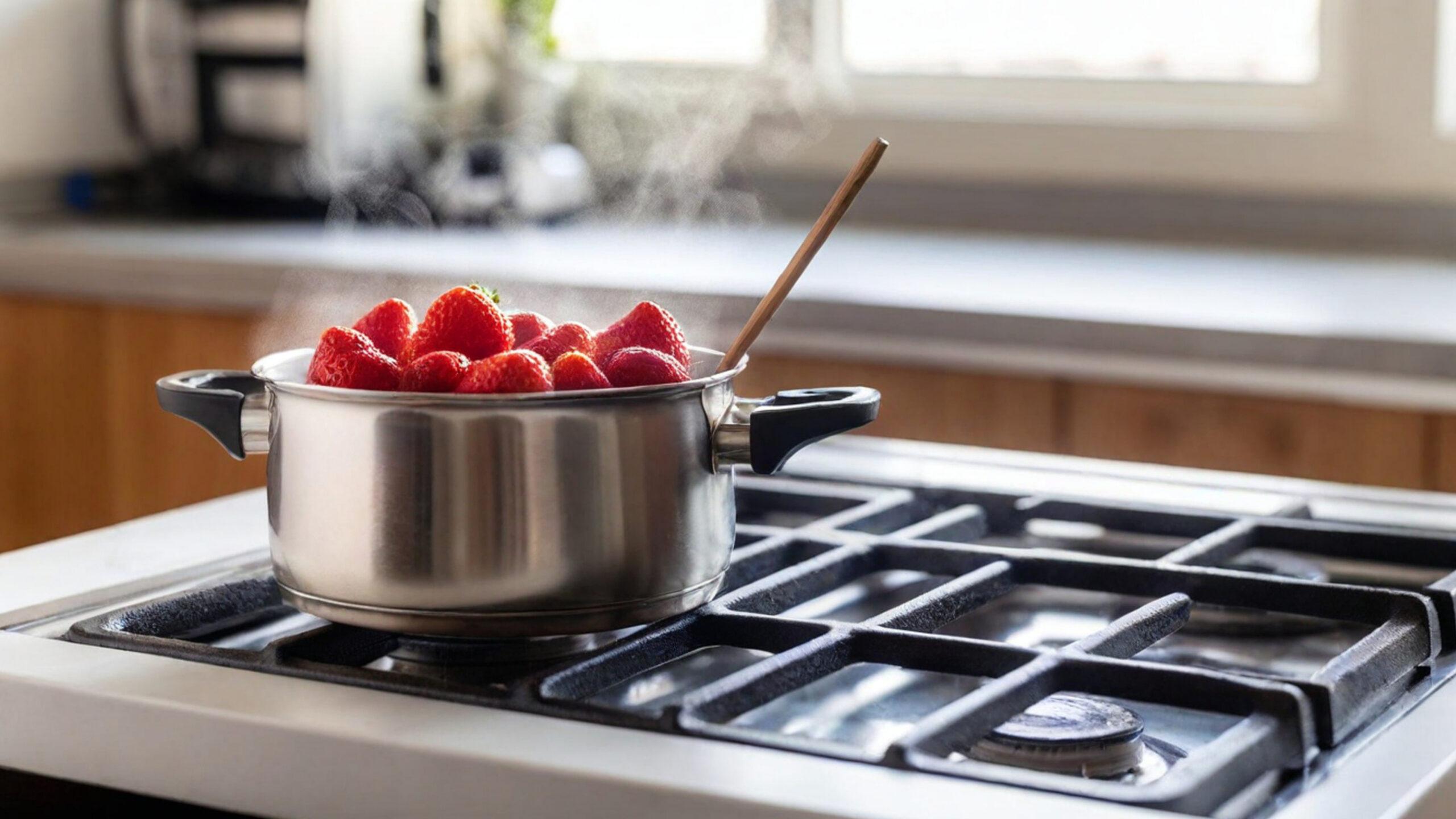 Dynamic shot of a saucepan on a stovetop with strawberries simmering