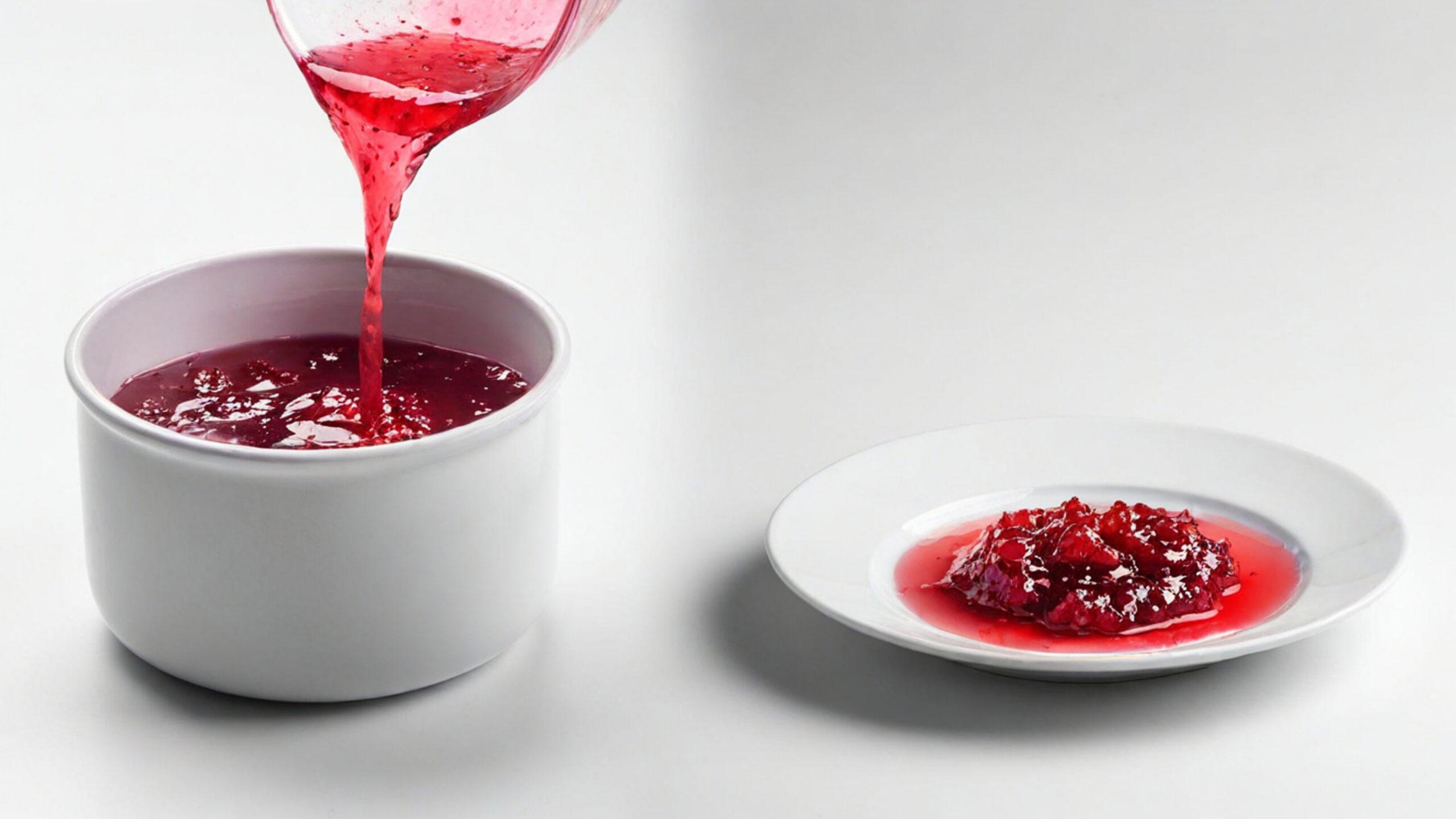 left panel—droplet of jam on a chilled ceramic plate holding its shape