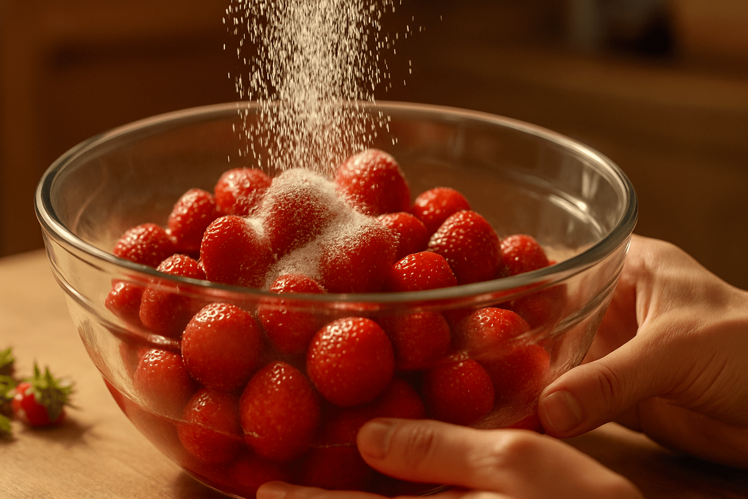 Side-view of a wide glass bowl filled with strawberries being dusted with sugar from above