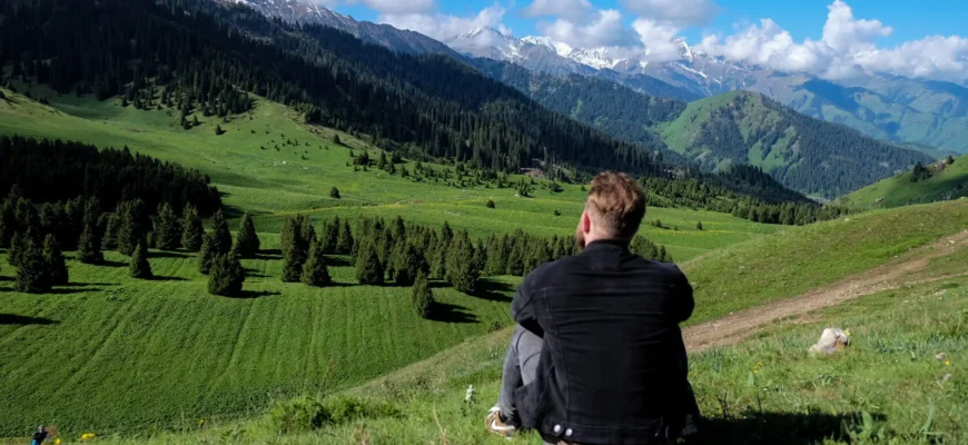 Beginner hiking trail near Almaty with Tian Shan mountains, Kok Zhailau plateau and Big Almaty Lake in Ile-Alatau National Park
