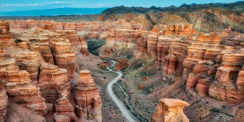 Charyn Canyon Valley of Castles day trip from Almaty with rock formations, Charyn River and Kazakh steppe in Charyn National Park