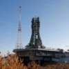 Soyuz-2.1a rocket launching from Baikonur Cosmodrome launch pad 31 carrying Soyuz MS-28 spacecraft