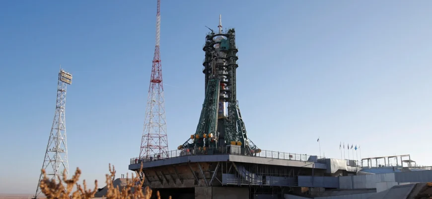 Soyuz-2.1a rocket launching from Baikonur Cosmodrome launch pad 31 carrying Soyuz MS-28 spacecraft