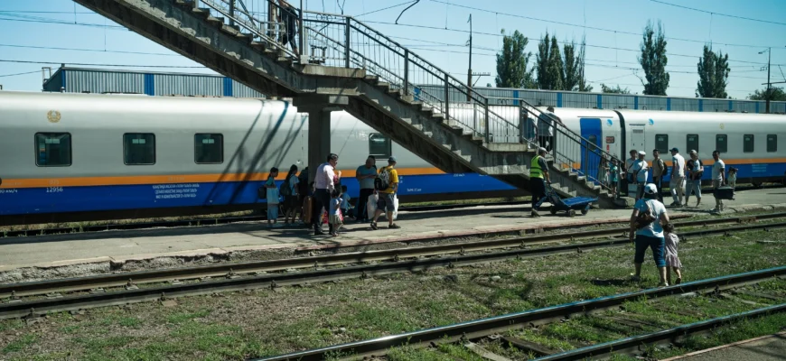Split view of a high-speed Talgo train crossing the Kazakh steppe and an Air Astana plane flying over the Tien Shan mountains