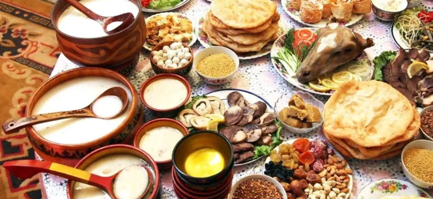 Traditional Kazakh food dastarkhan with beshbarmak, kazy horse sausage, and baursak bread