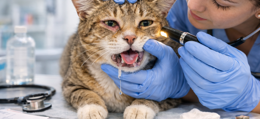 кальцивироз у кошек лечение ветеринар осматривает кошку с язвами во рту и симптомами инфекции
