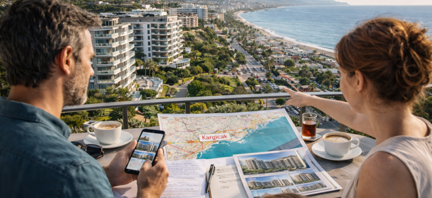 Каргыджак в Аланье: вид на район, море, жилые комплексы и недвижимость у побережья