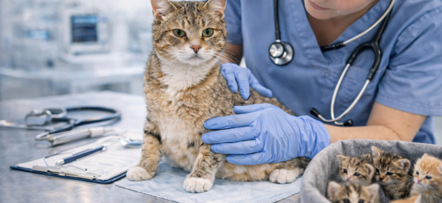 когда можно стерилизовать кошку после родов ветеринар осматривает кошку после окота в клинике