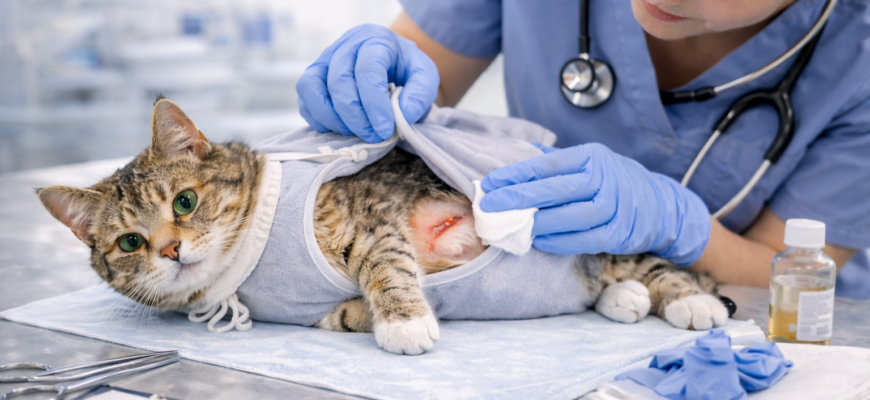 кошка после стерилизации лежит в попоне на ветеринарном столе во время послеоперационного осмотра шва