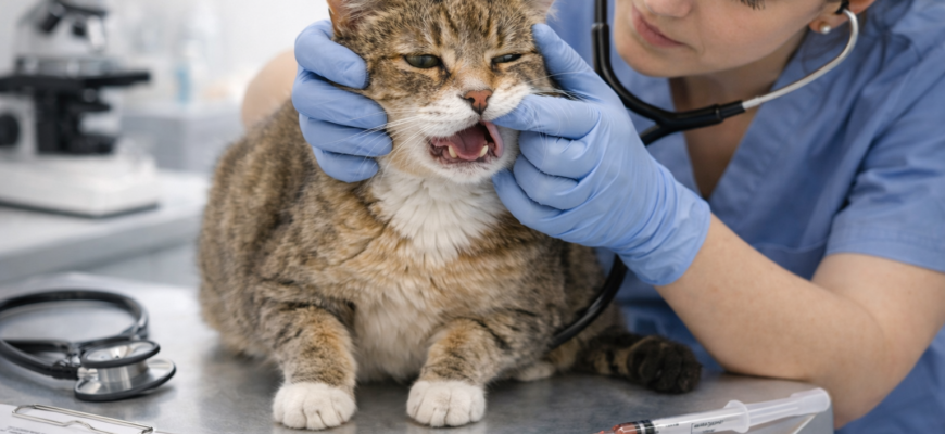 Лейкоз у кошек FeLV — больная кошка на ветеринарном осмотре, диагностика вирусного лейкоза