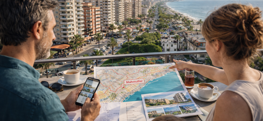 Махмутлар в Аланье с жилыми комплексами у моря, пляжем, улицами и городской инфраструктурой