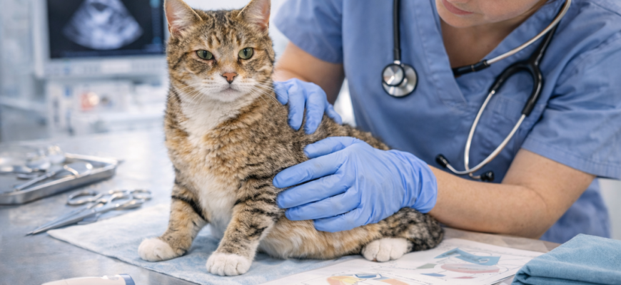 Можно ли стерилизовать беременную кошку — ветеринар осматривает кошку перед операцией в клинике