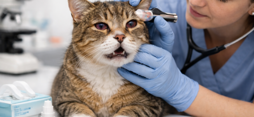 кошка с симптомами ринотрахеита на осмотре у ветеринара — воспалённые глаза и насморк