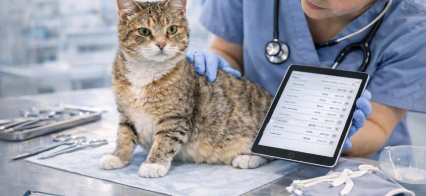 Сколько стоит стерилизация кошки в Казахстане — ветеринар осматривает кошку перед операцией в клинике