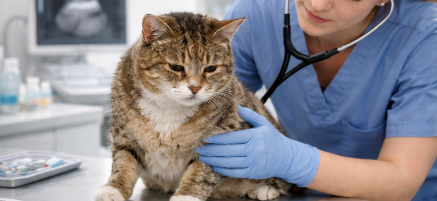 ФИП у кошек — ветеринар осматривает больную кошку с подозрением на инфекционный перитонит